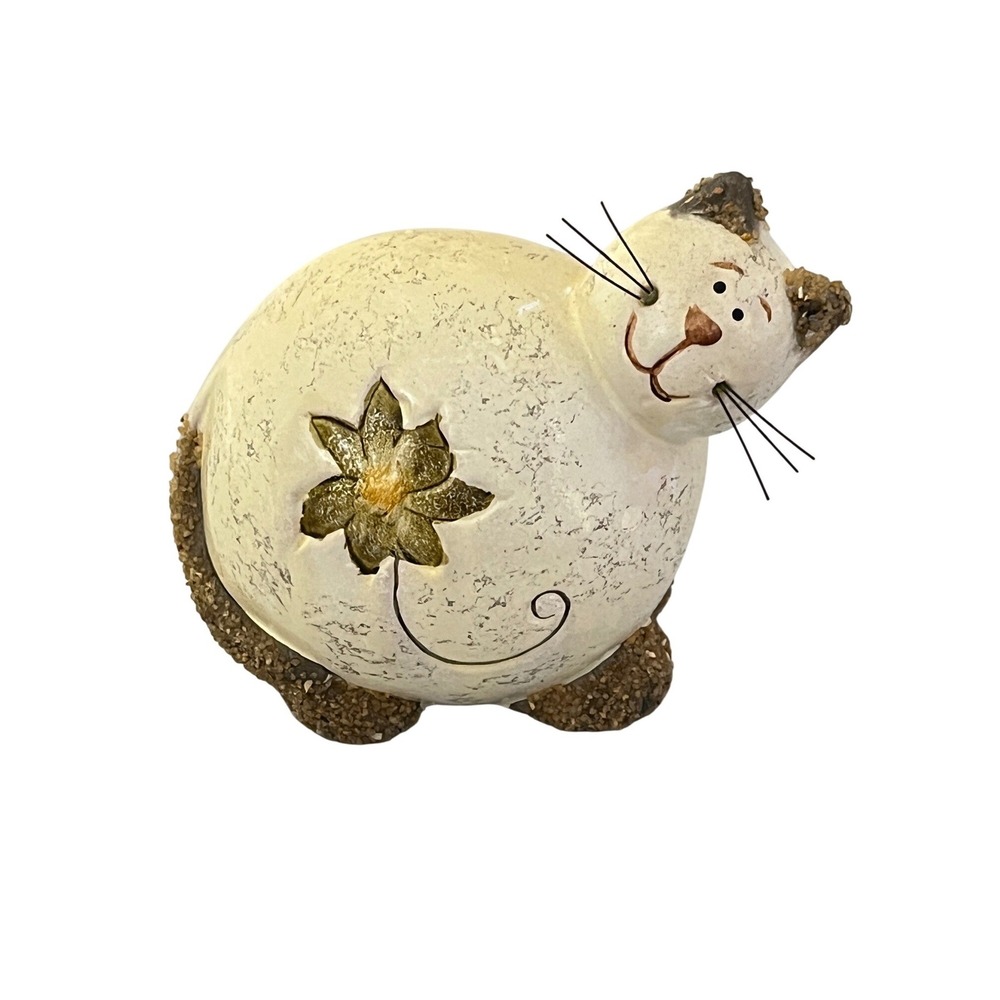 Unbranded Round Cat Figurine  Cream Textured Floral Primitive Decor